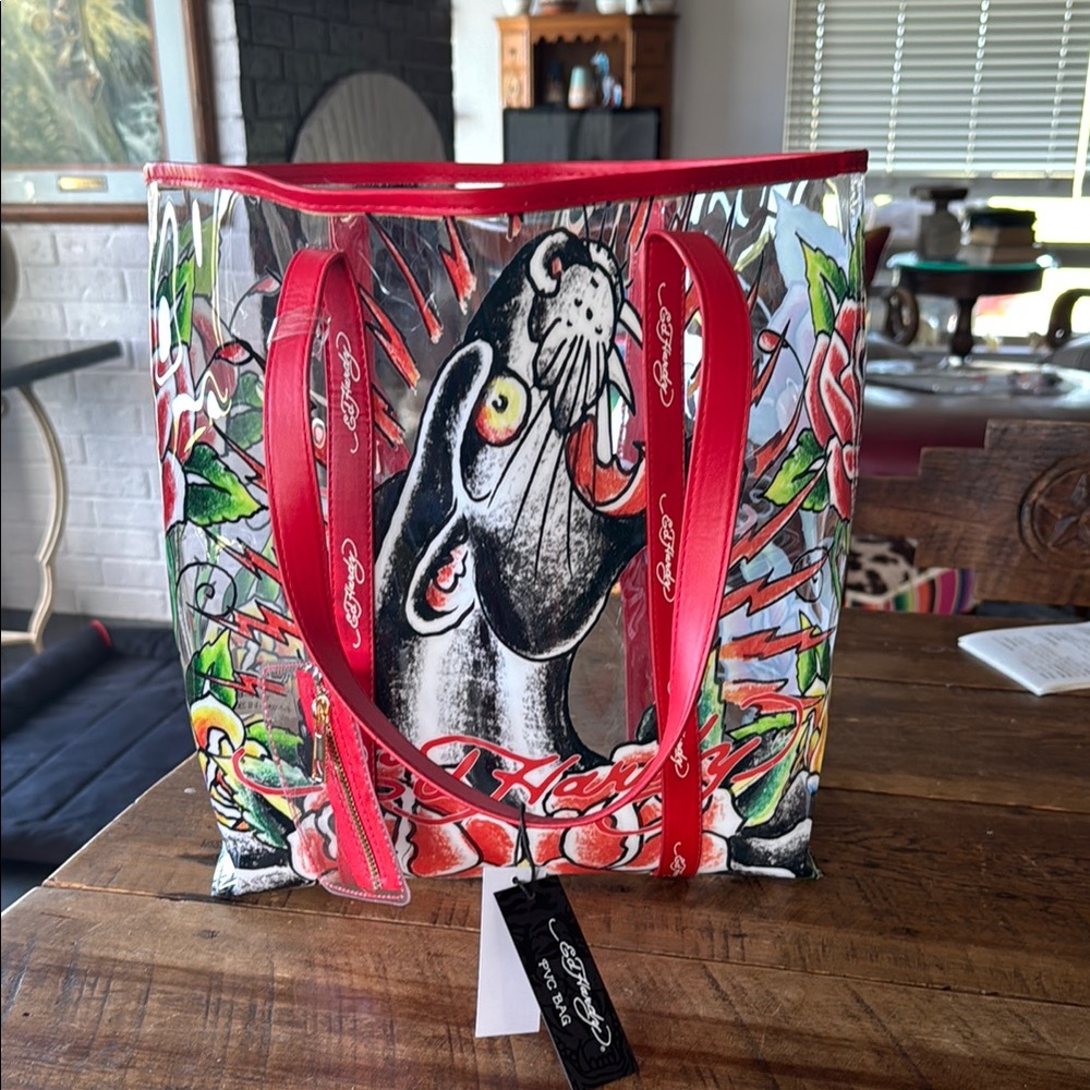 Ed Hardy PVC Red Jaguar 🐆 Tote Bag with Iconic Graphics